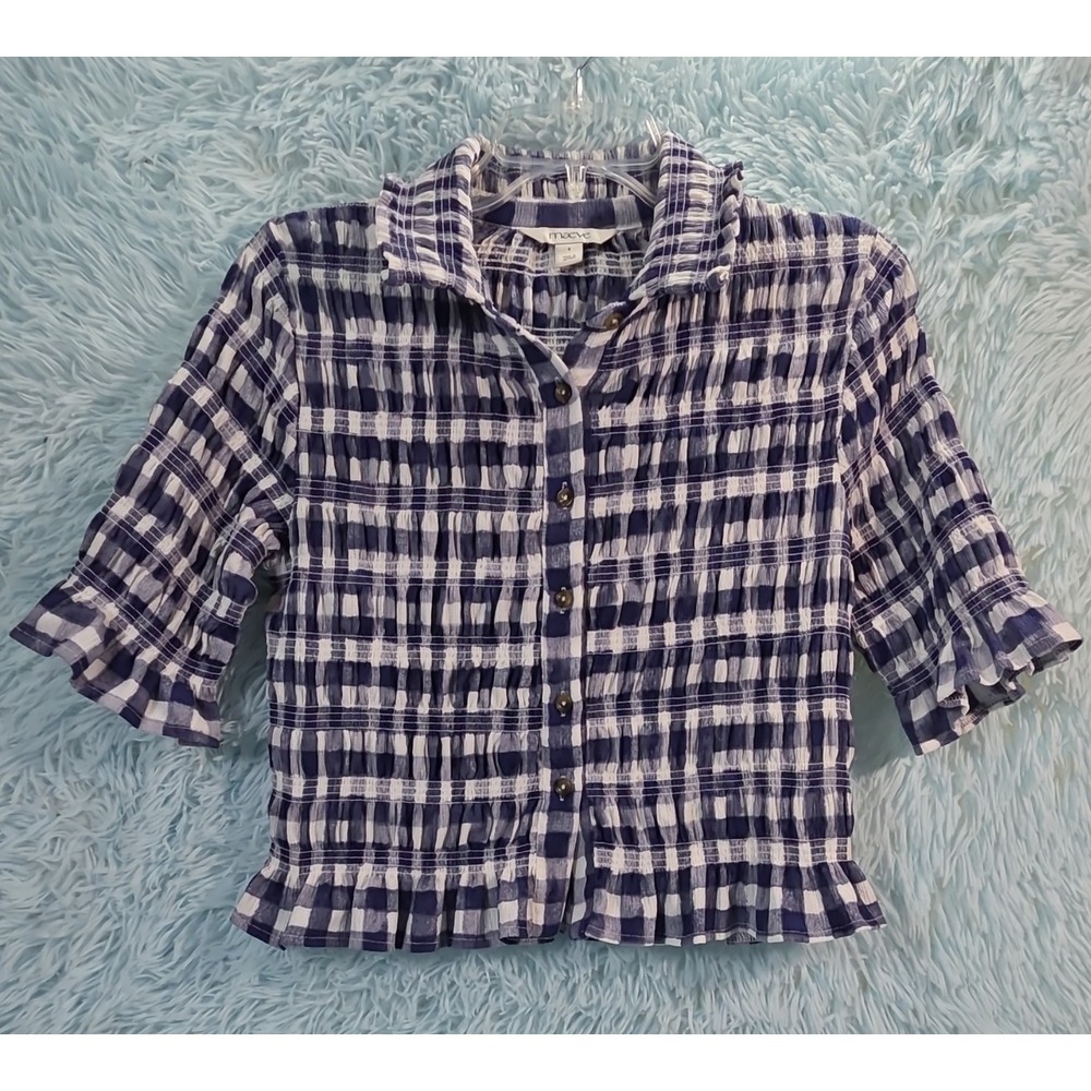 Anthropologie Maeve Smocked Gingham Blouse Blue White Ruffle 3/4 Sleeve Top S
